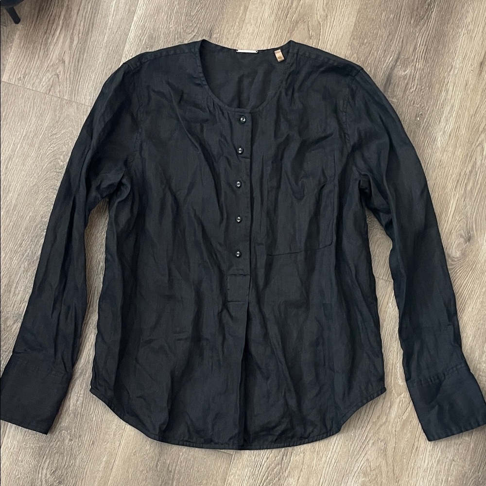 Elie Tahari Linen Popover Blouse Tunic Top Black Size Womens Medium M